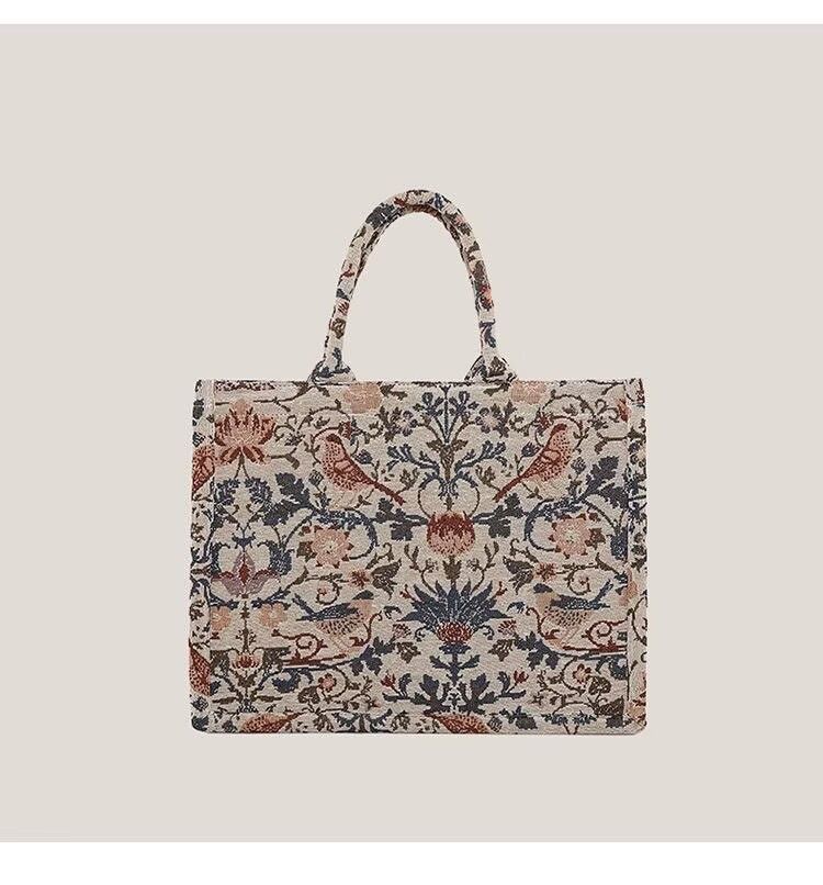 Retro Flower Embroidery Tote Bag Women Canvas Large Capacity Square Shoulder Bags Ladies Fashion Commuter Harajuku Handbag 2025