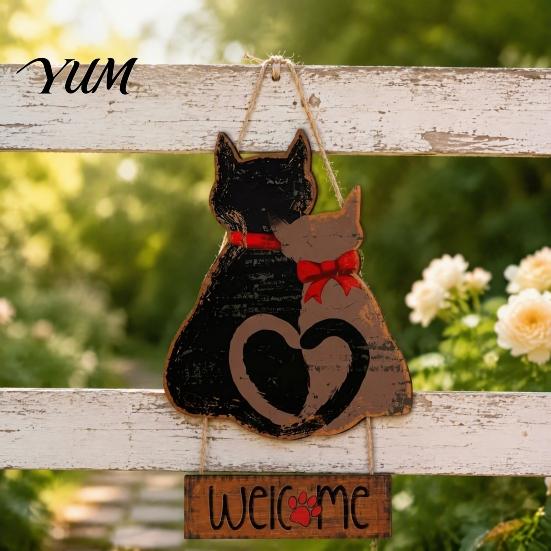 Outdoor Garden Wall Art Wooden Hanging Welcome Sign for Front Door, Romantic Cat Couple Country Style Home Decor Pendant, Rustic Farmhouse Porch