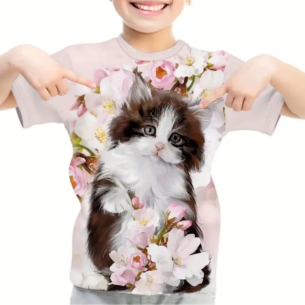 Cat casual comfortable pattern T-shirt printed with cute and interesting summer streetwear, photo girl T-shirt