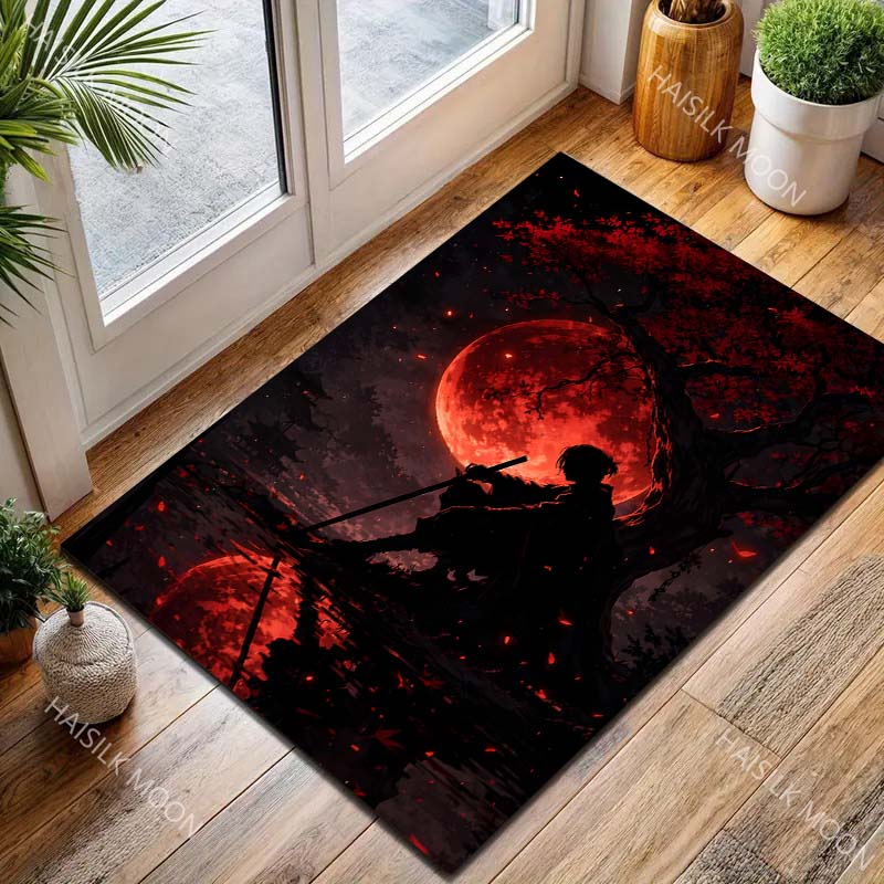 Blood moon samurai silhouette lakeside Print Carpet for Living Room Bedroom Sofa Home Decor Rus Non-slip Floor Mat Luxury Gift