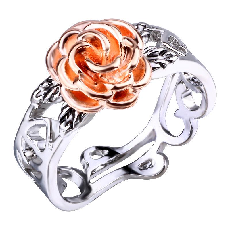 14k Rose Gold Plated Flower Ring - Retro European 925 Silver Engagement Ring