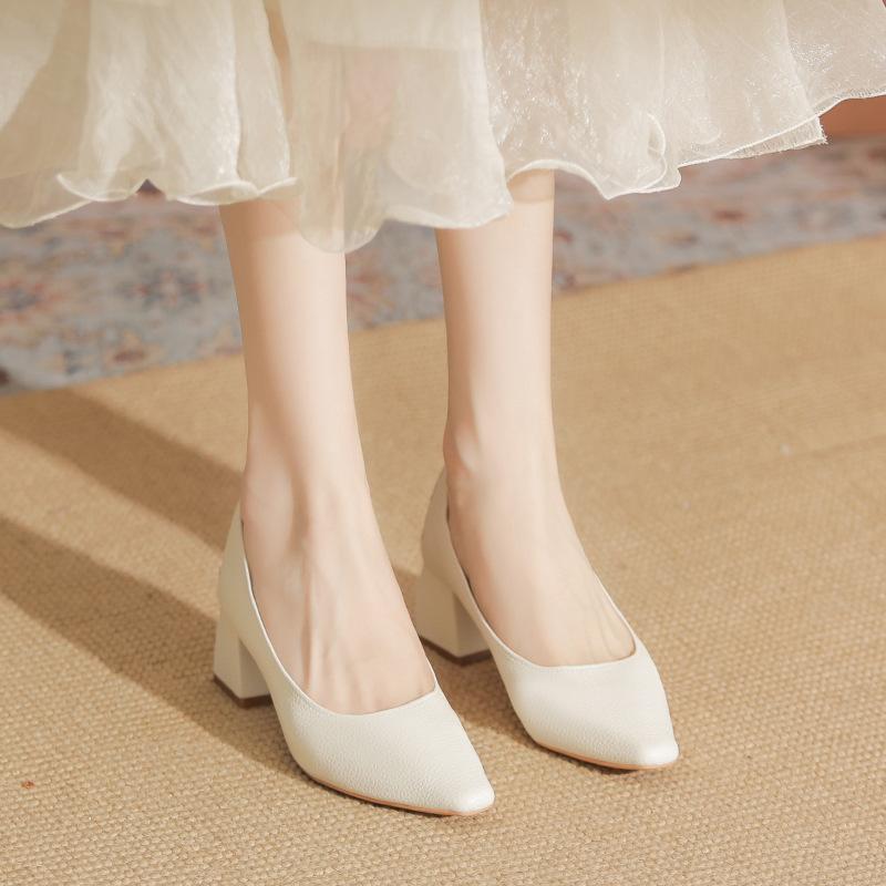 Мягкая кожа, не устают ноги, квадратный носок, высокий каблук, средний каблук, толстый каблук, туфли-лодочки, женские туфли для бабушки, новые