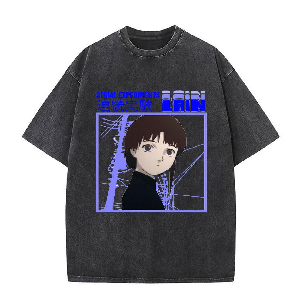 Serial Experiments Lain Anime Vintage Washed T-Shirt Manga Iwakura Girl Sci Fi Short Sleeve T-shirts 100% Cotton Casual T Shirt