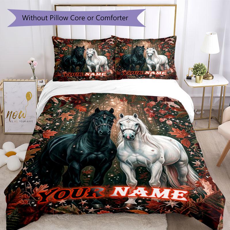 3PC Custom Name Autumnal Horse Pair bedding,soft and breathable,2D flat print,room decor.,Poster Three-piece set,Soccer Three-piece set,Art,Poster,Soc
