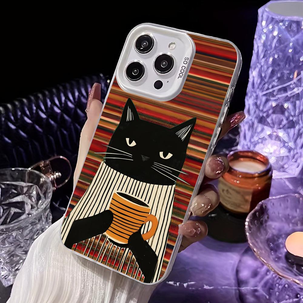 Cute Coffee Cat White Translucent Mobile Phone Case for iPhone 17 16 15 14 13 12 11 X XR XS Air Pro Max Plus Colorful Cover