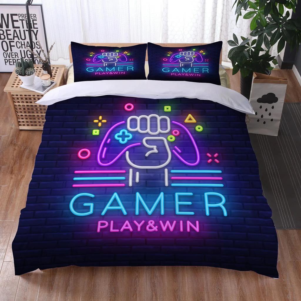Gaming Gamepad Video Game Neon Comfortable Duvet Quilt Cover Pillowcase Bedding Set Children Bedroom Decoration Home Textile