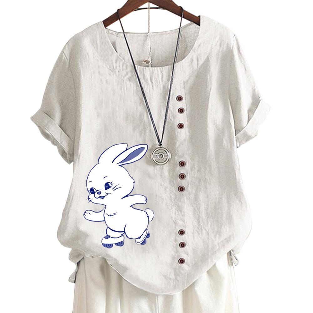 Stylish Pattern Print Women's Comfortable Cotton Linen Casual Tee with Round Neck and Short Sleeves S-5XL