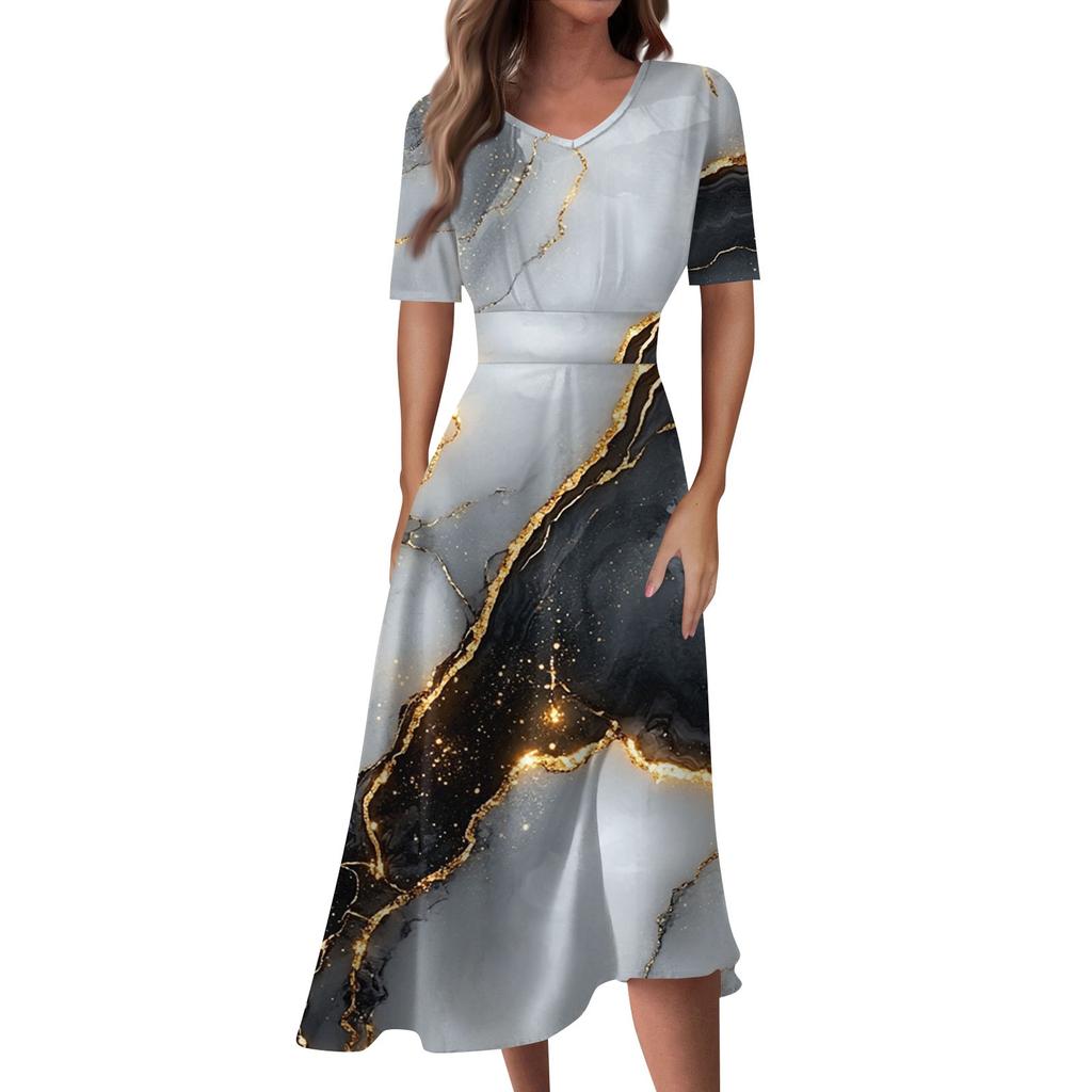 Ladies Casual Fashion Gradient Print V-Neck Short Sleeve Waist Long Swing Dress