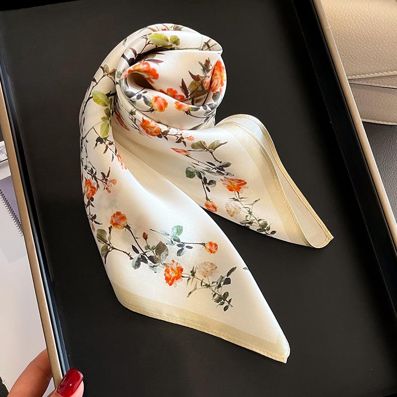100% Silk Scarf Plum Blossom Pattern Square Scarves for Women Wrap Kerchief Mulberry Silk Bandana Fashion Luxury Headband Hijab