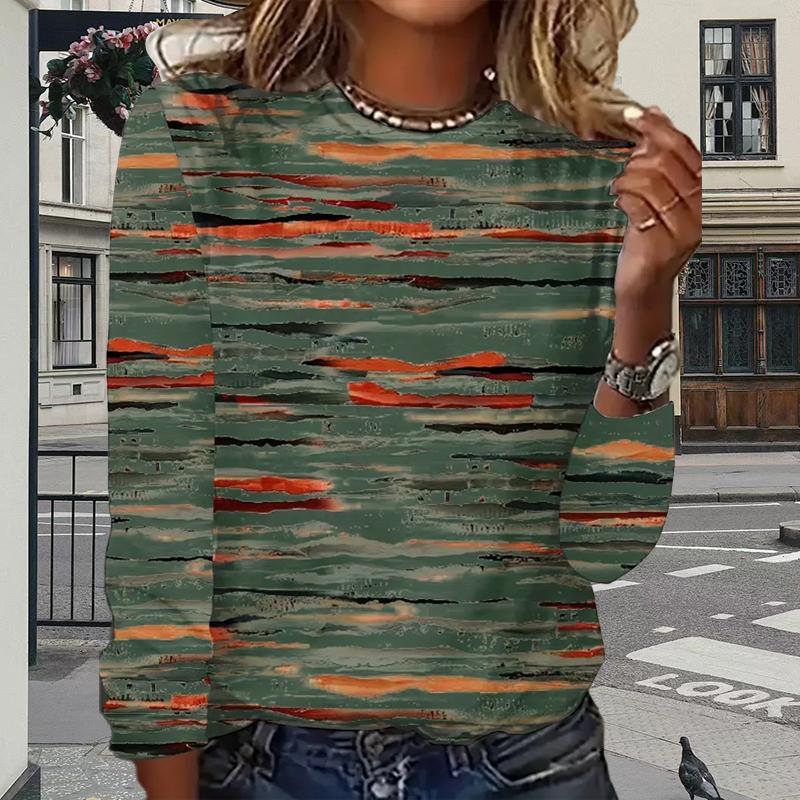 Топы для женщин с принтом камуфляжных линий, круглым вырезом и длинным рукавом, футболка, осенний повседневный тонкий пуловер, женский топ с длинным рукавом