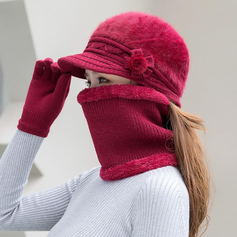Women Winter Hat Keep Warm Cap Add Fur Lined Hat Scarf Gloves Set Warm Hats Casual Rabbit Winter Knitted Hat