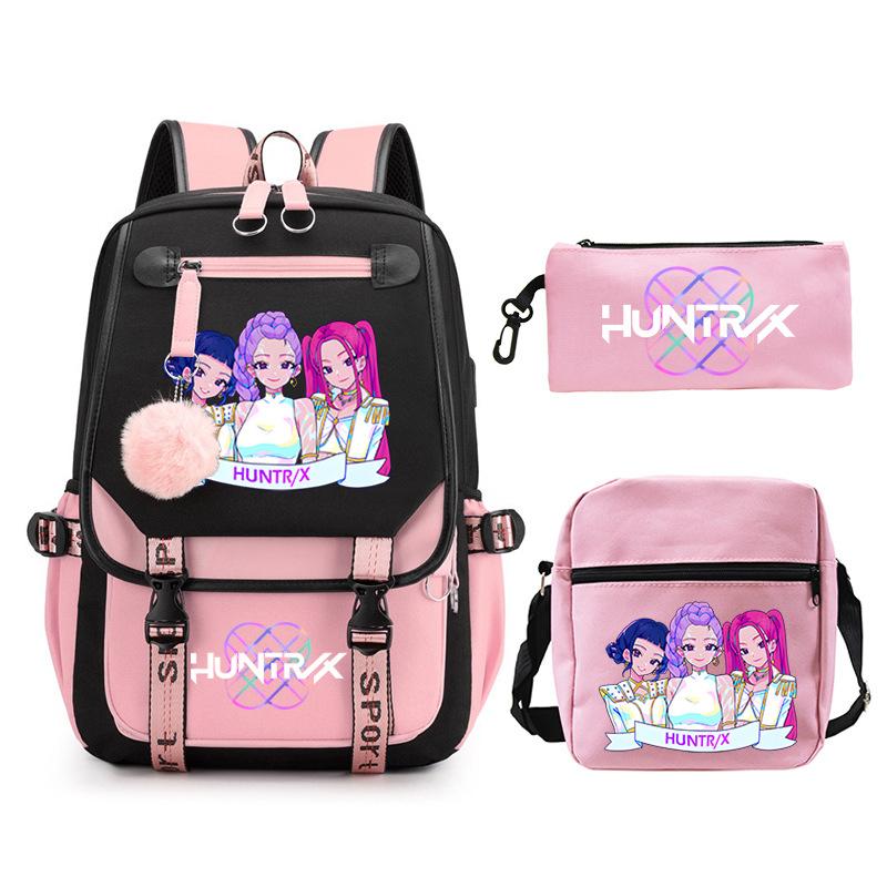 Kpop Trend Backpack Large Capacity Student School Bag Three-Piece Pencil Case Casual Shoulder Bag