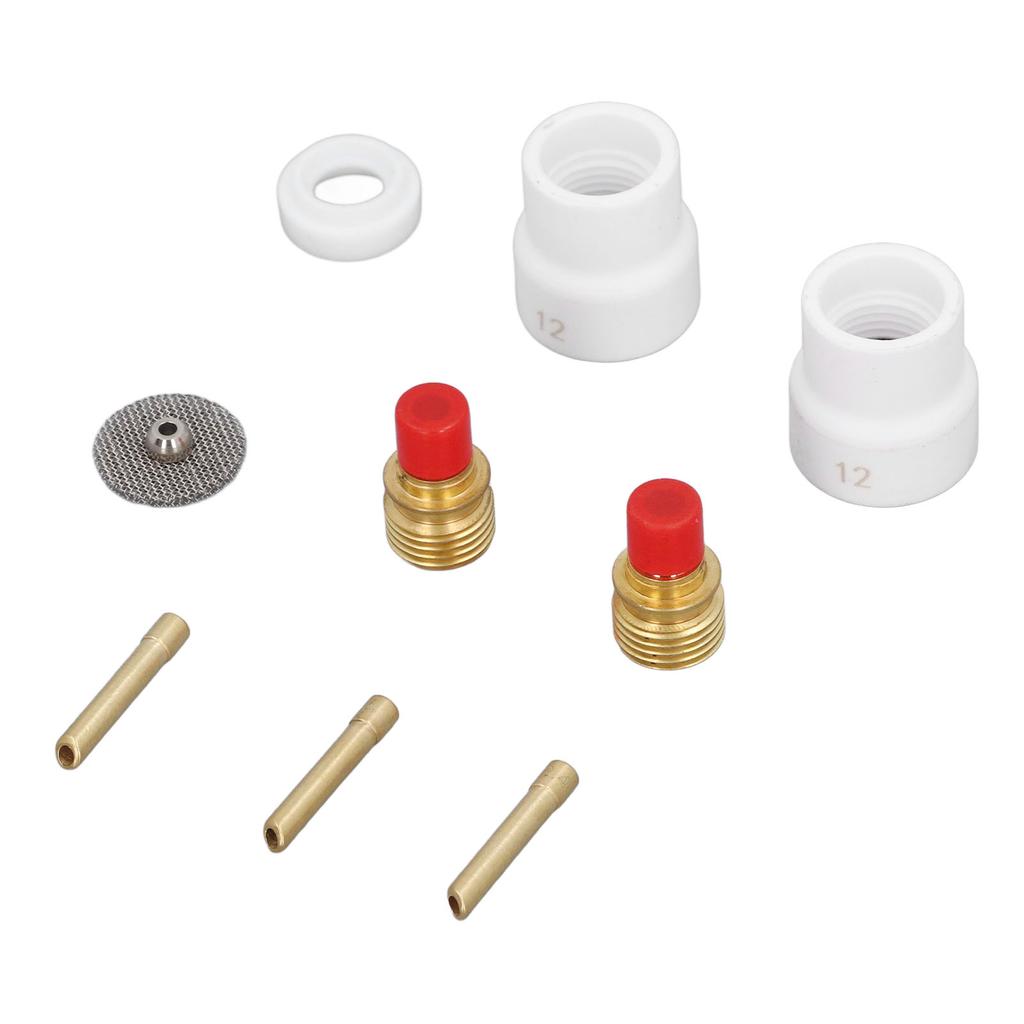 Комплект из 12 предметов: газовая линза для сварки TIG, керамическое сопло, держатель электрода с коротким скосом, сетчатый разъем, передняя часть из ПТФЭ
