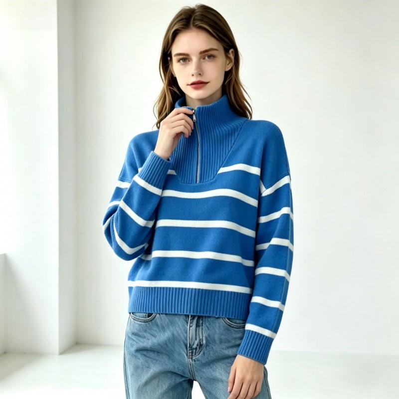 Womens Striped Half-Zip Knit Sweater Loose Fit High Neck Long Sleeve Casual Pullover