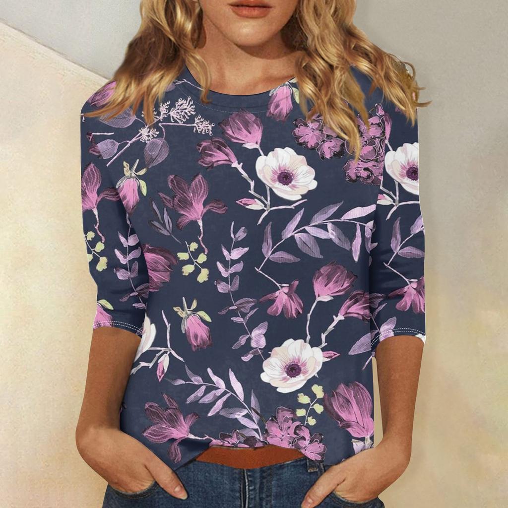 Женская мода повседневная футболка с круглым вырезом и рукавом три четверти с принтом, летняя одежда для женщин, корейская популярная одежда