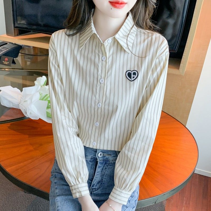 2026 New Women's Embroidered Cotton Shirt, Fashionable and Youthful Striped Long Sleeve Blouse