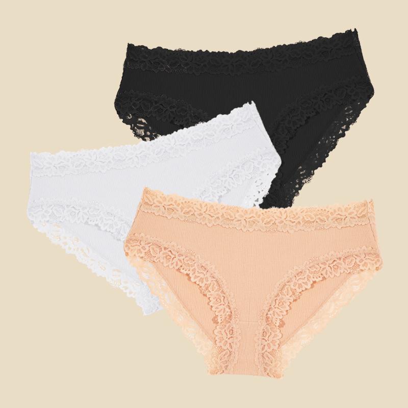 3Pcs Cotton Ribbed Striped Underwear for Women Sexy Lace Floral Panties Comfortable Low-Waist Briefs Female Solid Soft Lingerie