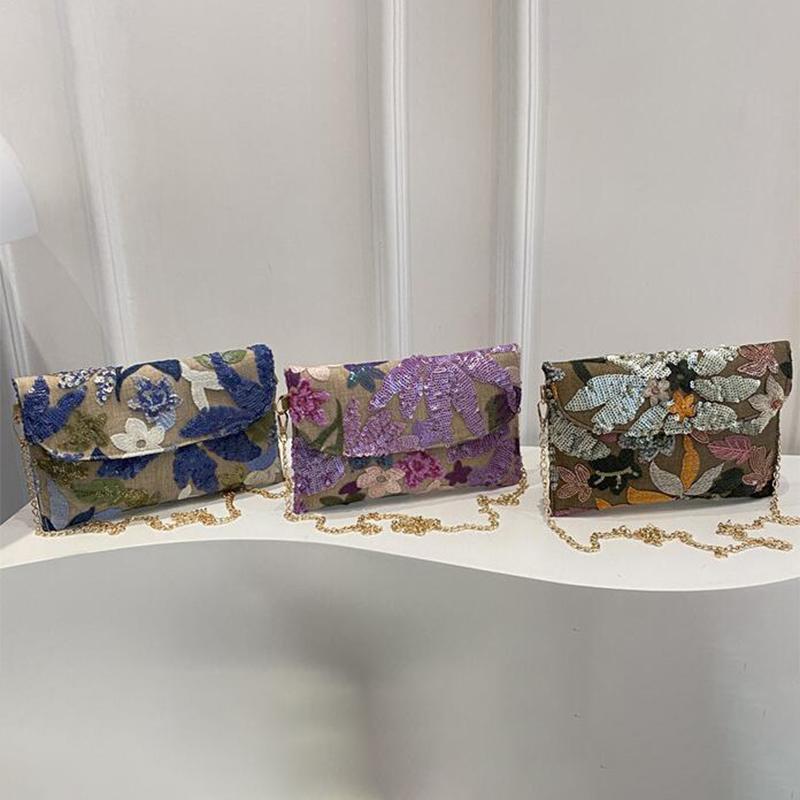 New Chinese Style Straw Woven Bag Versatile Chain Shoulder Crossbody Envelope Sequin Beaded Floral Embroidery Evening Clutch