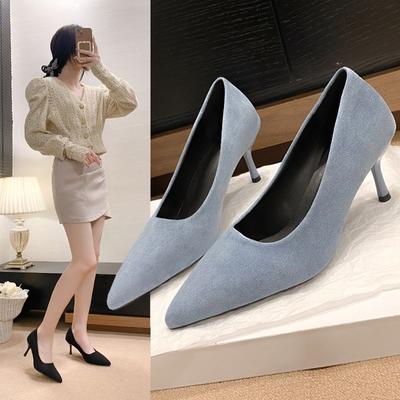 Рабочая женская обувь 2025 остроносые женские туфли-лодочки новые замшевые с открытым вырезом модные на высоком каблуке шпильке тканевые