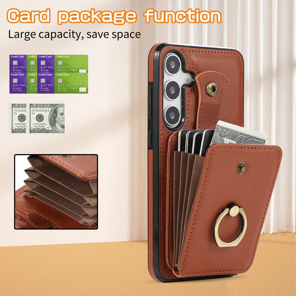 For Samsung Galaxy A26 5G Case Card Holder Ring Kickstand TPU+PU Leather Phone Cover with Long Strap
