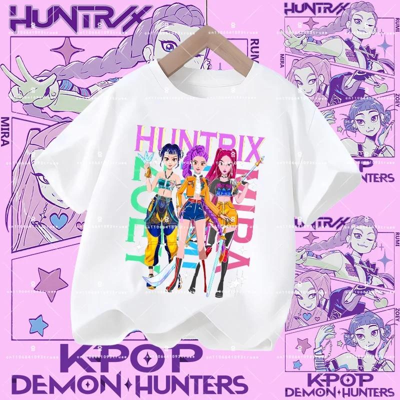2026 New Kpop Demon Hunters Children's Polyester T-shirt - Girls' Casual Top with Cartoon Print - Summer Short-Sleeved Sports Shirt