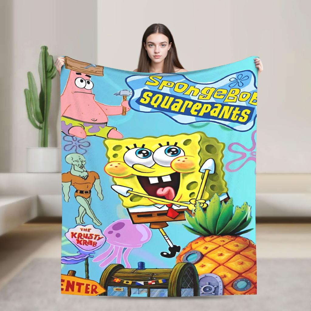 Cartoon Animated Blanket Cover SpongeBob SquarePants Fleece Throw Blankets Bedding Couch Portable Ultra-Soft Warm Bedspreads
