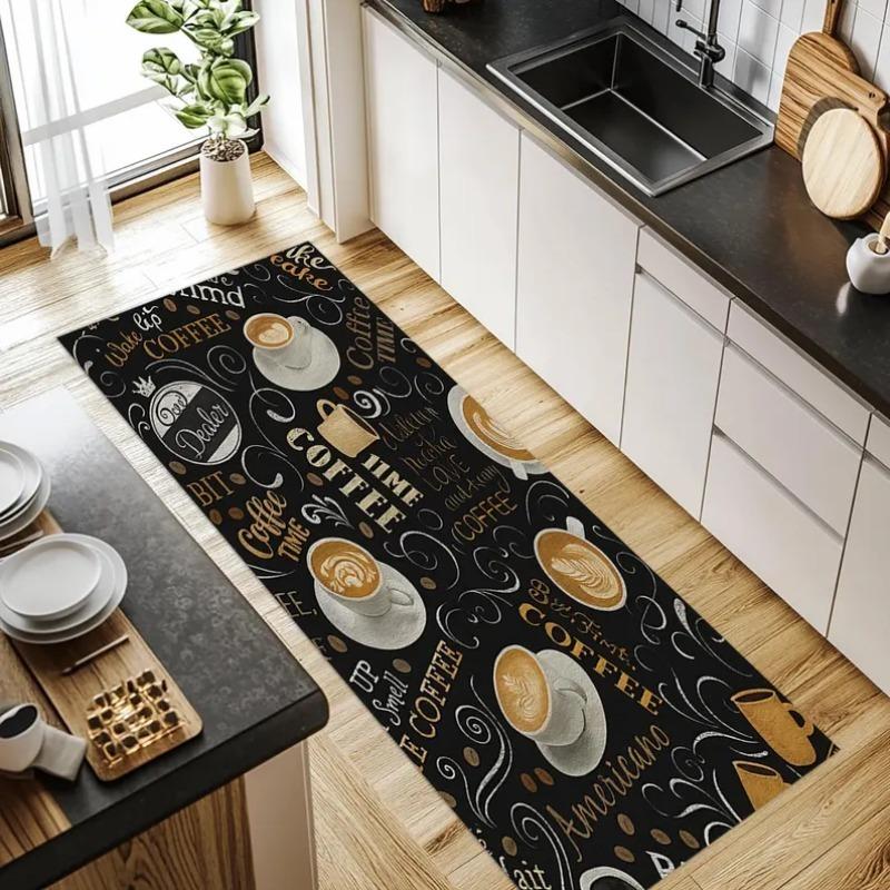 Professional Coffee Menu Kitchen Rug Non-Slip Mat Featuring Espresso Latte & Cappuccino Prints on Black Ideal for Home Floor