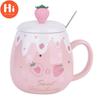 Hi Ceramic Cute Strawberry Coffee Mug with Lid and Spoon Creative Porcelain Breakfast Milk Oatmeal Cup Drinkware