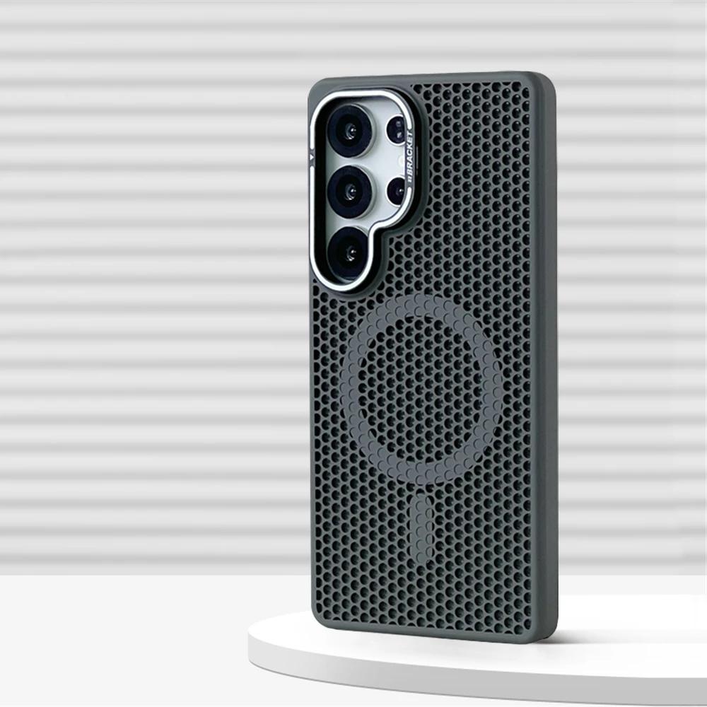 Магнитный бампер с сотовой сеткой для охлаждения для Samsung Galaxy S2 Ultra S24 S23 Plus, кронштейн для объектива из сплава, крышка для беспроводной зарядки