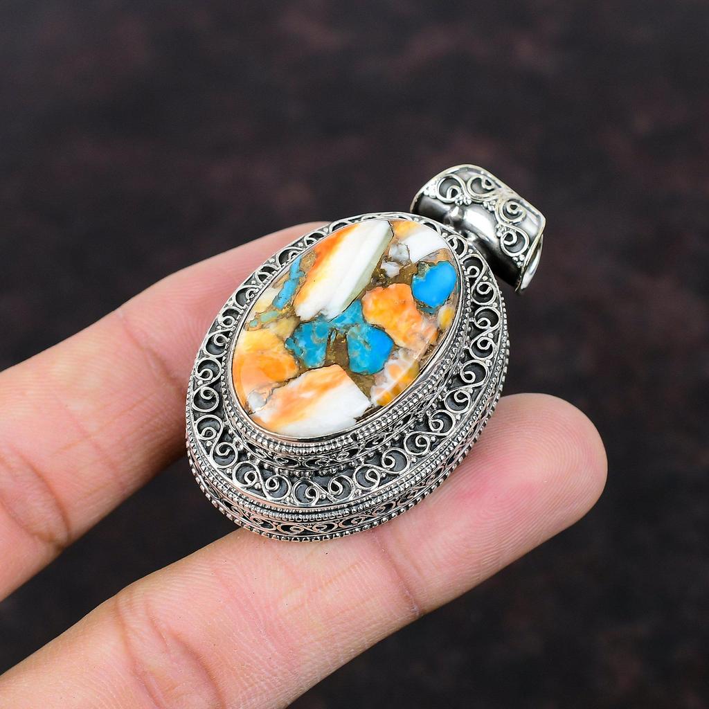 Подвеска из меди и бирюзы с колючей устрицей, оригинальная подвеска из драгоценного камня, подвеска из стерлингового серебра 925 пробы, винтажные ювелирные изделия, подвеска ручной работы, подарок для женщин