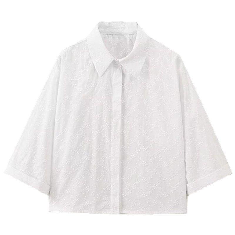 Fashion Style 2024 Summer New Women's Clothing Elegant White Short Sleeve Stand Collar Embroidery Short Shirt 3564115