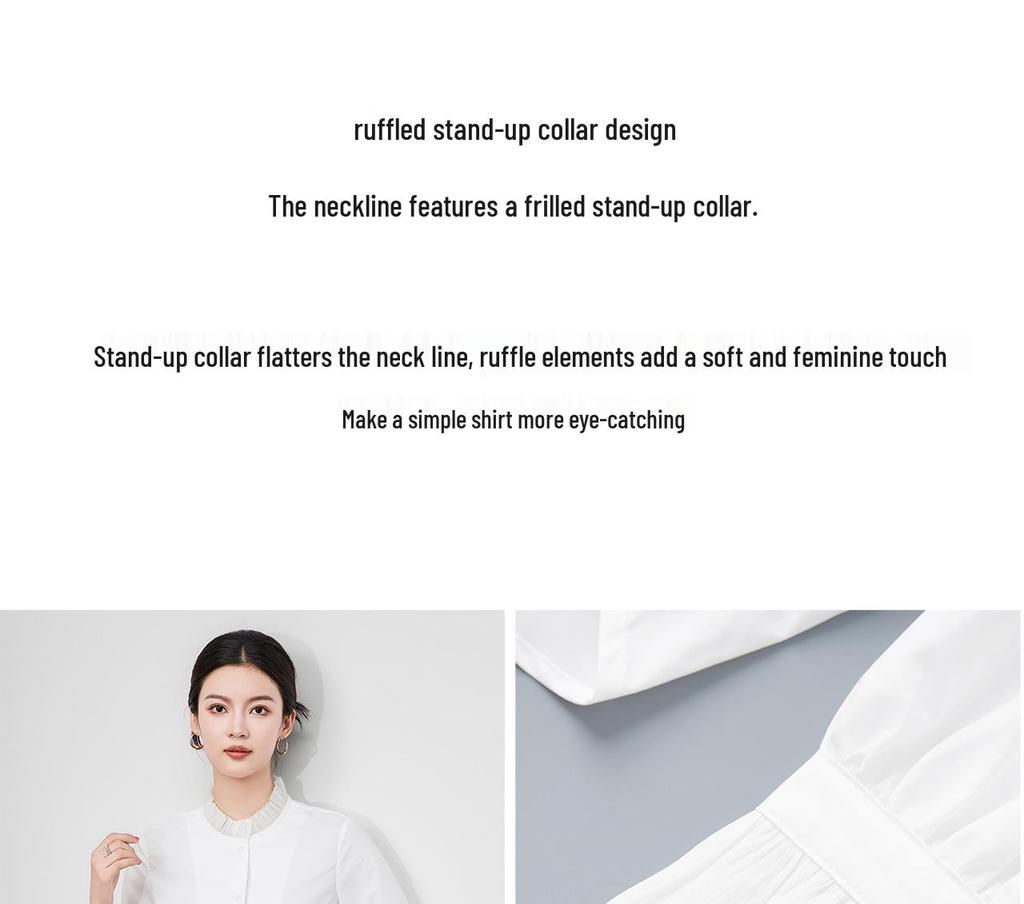 French White Women's Flare Sleeve Lace Top - Casual Long Sleeve Stand Collar Shirt