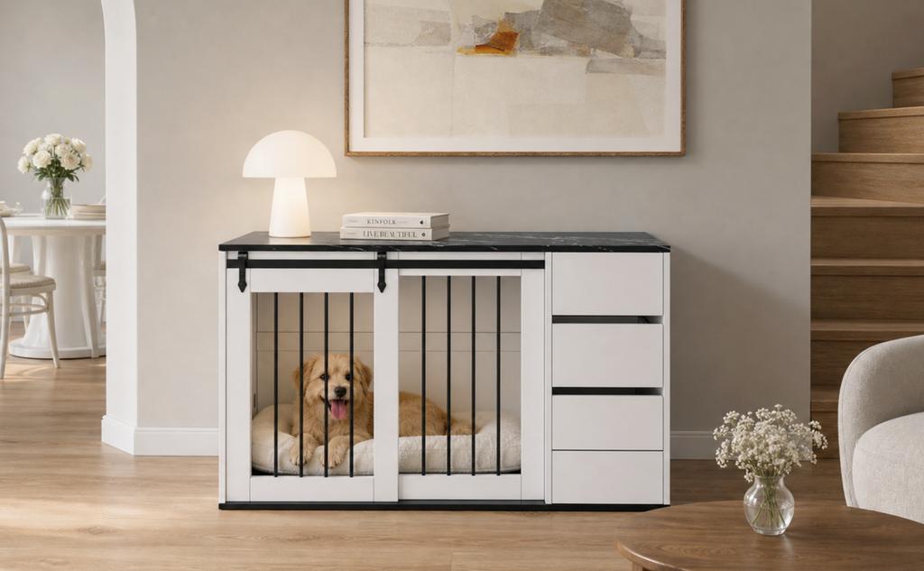 2-in-1 Dog Crate, Wood-Metal, as Side Table, for Small to Medium-Sized Dogs, 140 x 60 x 87 cm, White, Tabletop with Black Marble-Effect Foil