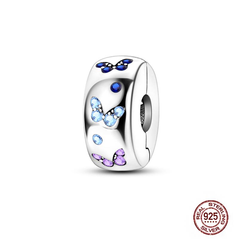 Round 925 Copper Clasp Pave Clip Charms Blue Star Moon Butterfly Slide Safety Chains Spacer Beads Fits Original Bracelet Zircon