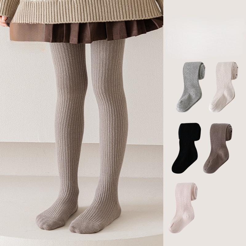 Spring Autumn Children's Warm Tights Solid Color Vertical Stripe Girl Pantyhose Fashion Non Dropping Crotch Kids Dance Panties