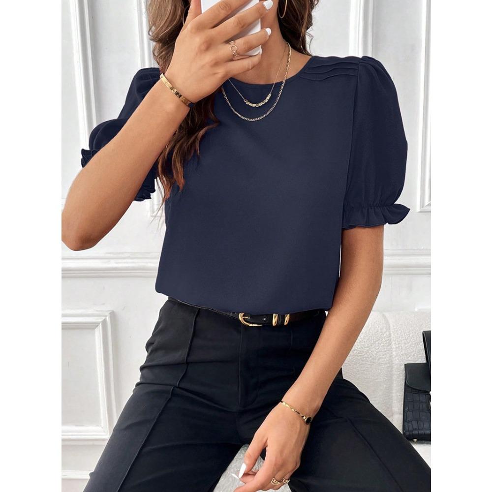 GMXIA Женская летняя модная стильная однотонная рубашка с круглым вырезом