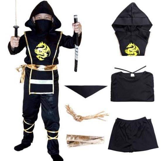 Katuzoom Halloween Ninja Cosplay Kids Costume Black Outfit Boys Shinobi Samurai Japanese Style Elastic Waist Event Party Cultural Festival Birthday