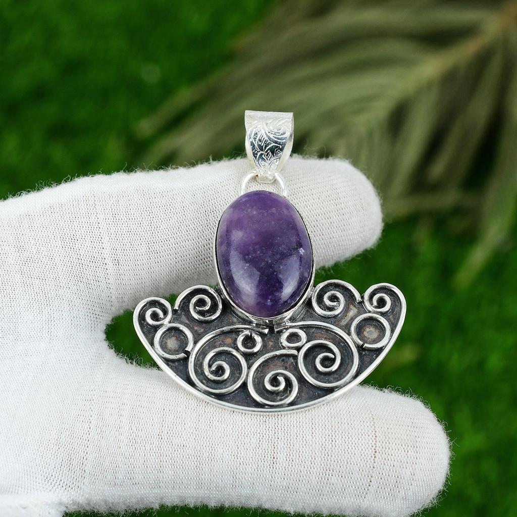 Oval Natural Lepidolite 925 Sterling Silver Bezel Mother Elegant Ethnic Pendant