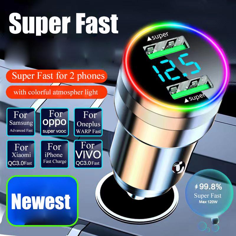 Автомобильное USB-зарядное устройство 300 Вт, двухпортовый адаптер Super Fast Charging со светодиодным индикатором мониторинга напряжения для Samsung Oneplus Huawei OPPO iPhone