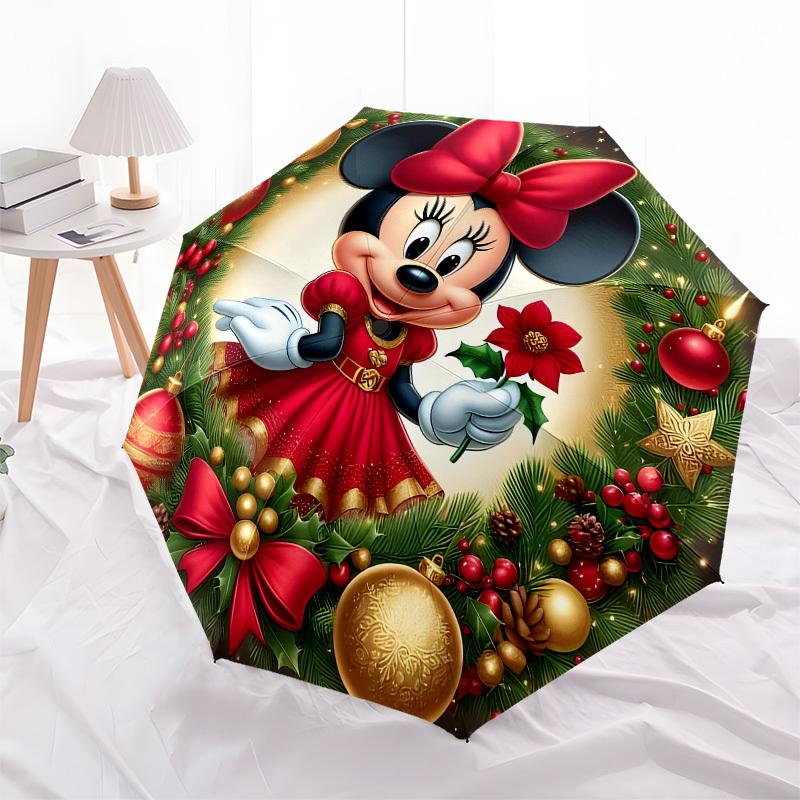 Minnie Mouse Christmas wreath Themed Automatic Opening and Closing Umbrella, Brightly Colored 8-rib Portable Umbrella, Suitable for Men and