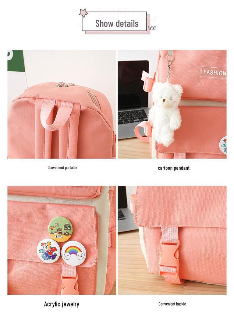High-End Canvas Backpack for Junior High School Girls - Four-Piece Set