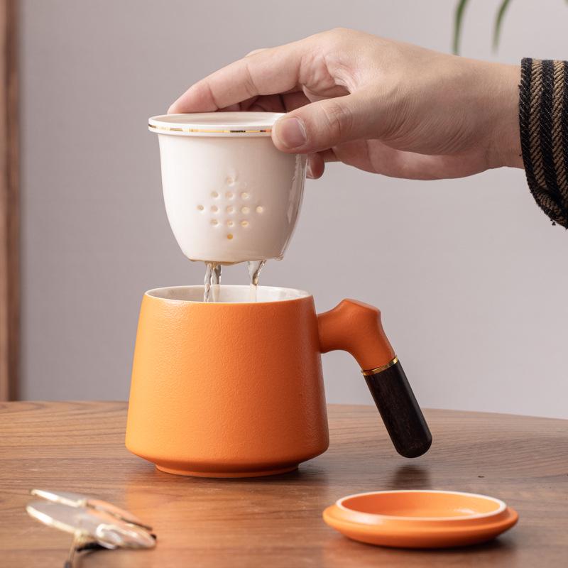 Подарочный набор керамических чашек в китайском стиле с крышкой и деревянной ручкой - Чайная чашка из трех частей с фильтром