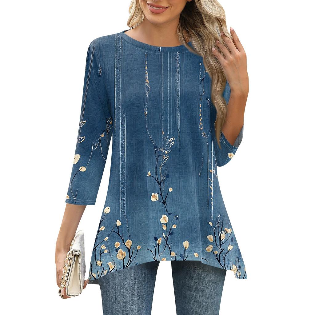 3/4 рукав туника топы для женщин принтованный повседневный выходной свободный крой модная базовая футболка с круглым вырезом