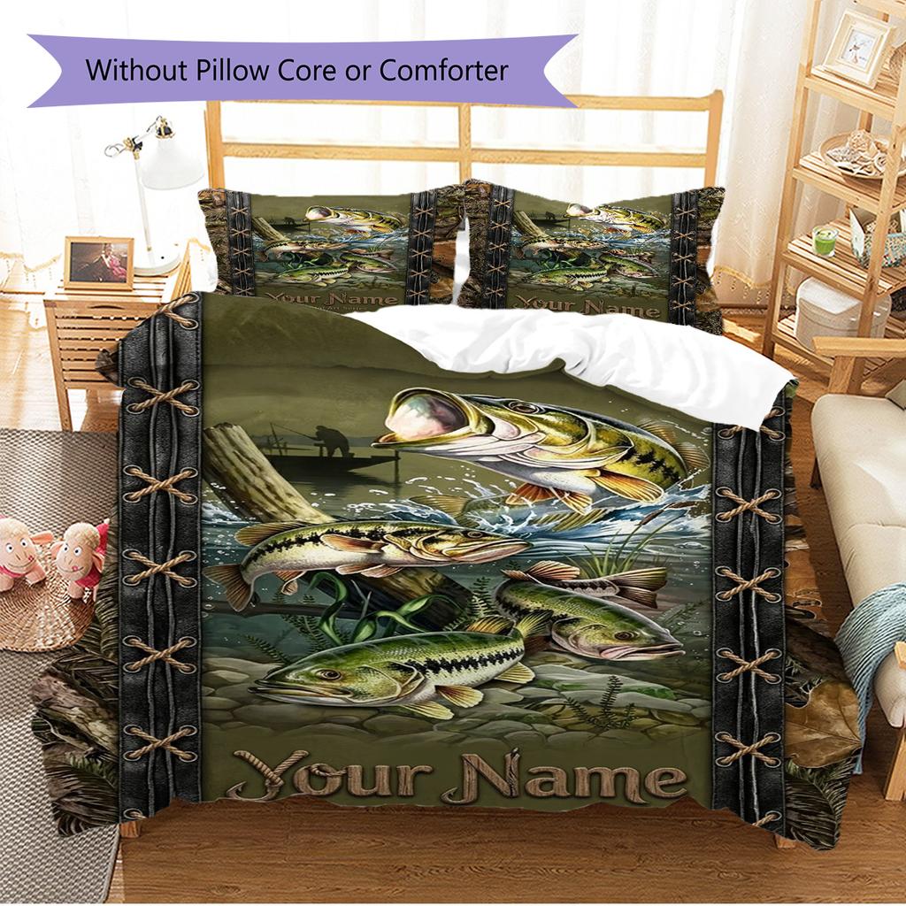 Name Custom Bass Fishing Pattern Bedding Set Quilt Cover Pillowcase Home Decor Gift (1 * duvet cover + 2 * pillowcase, without core)