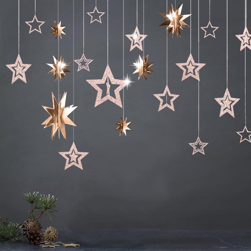 Rose Gold Hollow Star Paper Garlands Banner Hanging for Wedding Christmas Decorations Kids Birthday Party Supplies Baby Shower