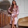 Long Sleeve Printed Home Robe Thin Sexy Women Lace Up Morning Dressing Gown Simple Cardigan Pajamas Ice Silk Bathrobe