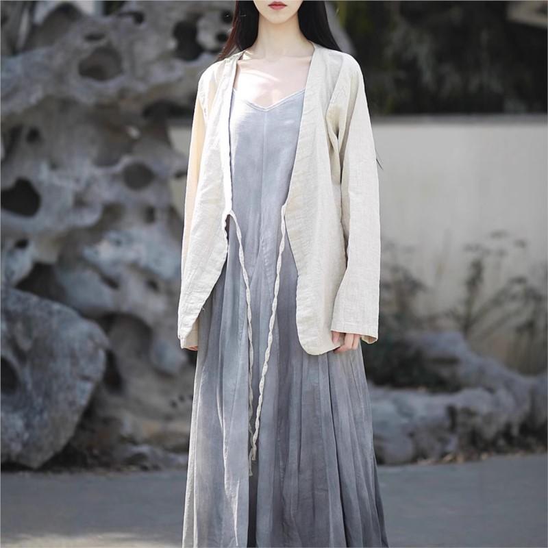 Johnature Women Chinese Style V-Neck Long Sleeve Autumn Solid Color Belt Coats