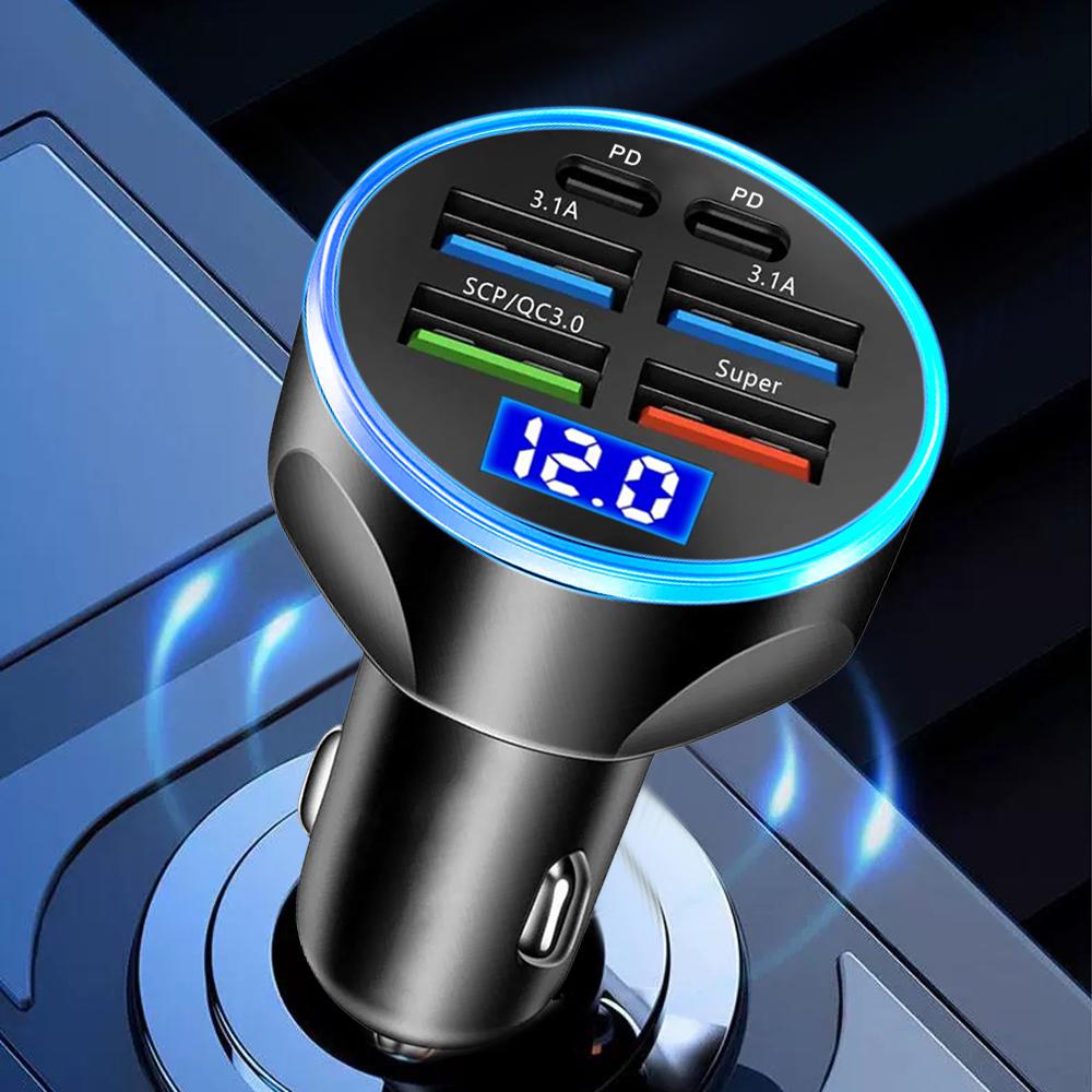 66W USB Car Charger LED 6 Ports Fast Charge PD QC3.0 Display Voltage Car Phone Charger Type C Adapter for iPhone Samsung Xiaomi