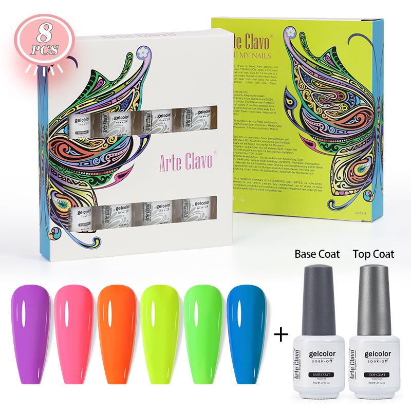 Arte Clavo 8 бутылок/набор, высококачественный блестящий гель-лак для ногтей для маникюра, гель-лак для дизайна ногтей, верхнее базовое покрытие, лак