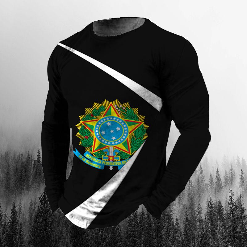 Винтажная осенняя мужская футболка с 3D принтом бразильского флага и круглым вырезом, повседневная футболка большого размера с длинными рукавами, модный пуловер, мужская одежда
